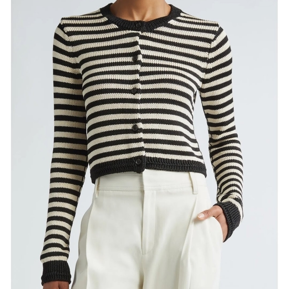 Maria Mcmanus Cream Black Stripe Crew Button-Up Thick Knit Shrunken Cardigan